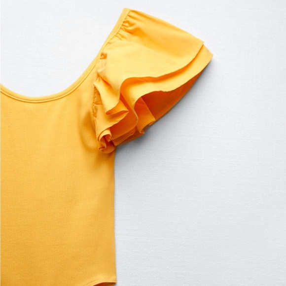 Zara NWOT yellow ruffle sleeves bodysuit top, stretchy - Picture 2 of 10